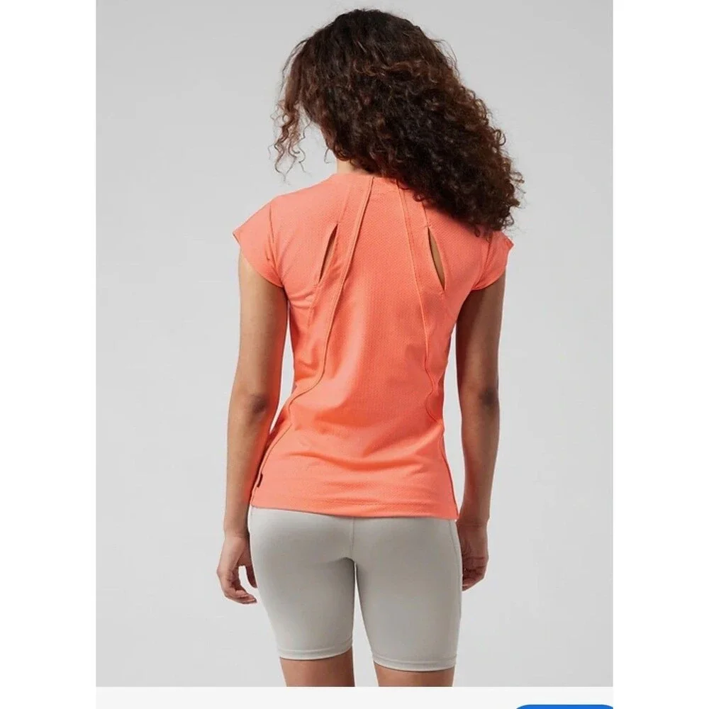 Athleta Allyson Felix Legend Fitted Tee Coral Running Shirt UPF 50+ Womens S/XS